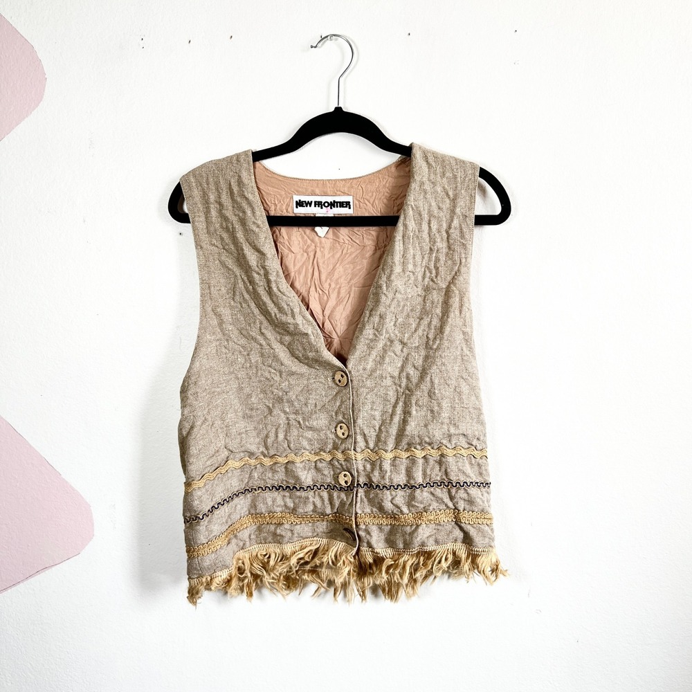 Vintage 90s Beige‎ Vest Sz Small Festival Boho Western Rodeo